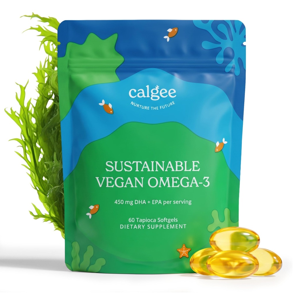Calgee Vegan Omega 3-450mg DHA & EPA Fatty Acids - Hållbar Algerolja - Växtbaserade fiskolja alternativ - Carrageenan-Free Softgels (60 Ct)