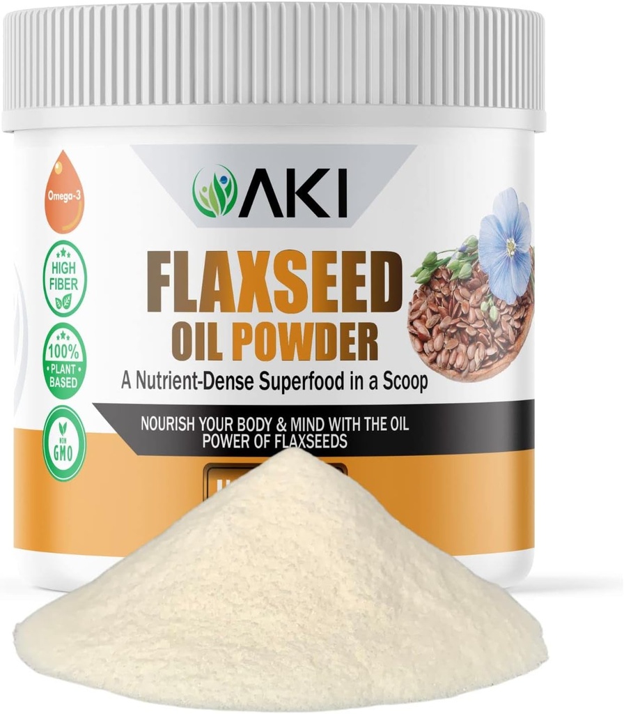 AKI Flaxseed Oil Powder - Förpackad med essentiella näringsämnen som Omega-3 fettsyror, Fiber och Lignans - fri från artificiella tillsatser, tillverkade med ideala kvalitetsingredienser (5.30oz / 150g)