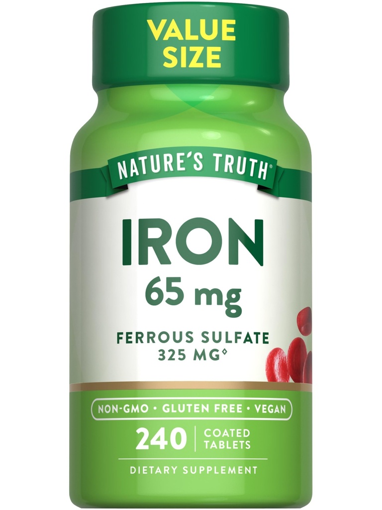 Naturens sanningsjärn tabletter 65mg | 240 greve | 325mg Ferrous Sulfate | Vegan, icke-GMO & Gluten fri tillägg