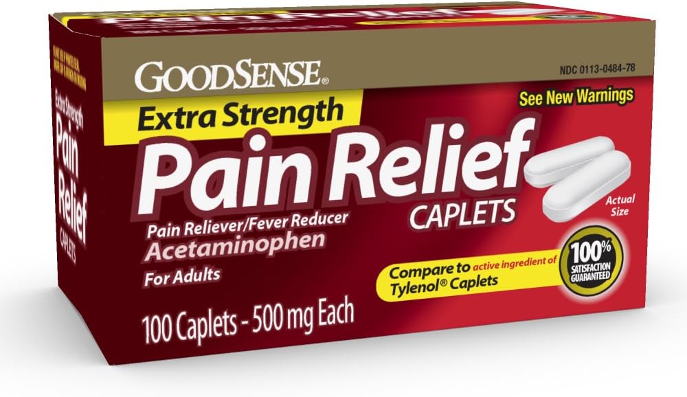 GoodSense Extra Strength Pain Relief - Acetaminophen Caplets 500 mg - Huvudvärk, Muscle Ache, Arthritis Relief, 100 Count