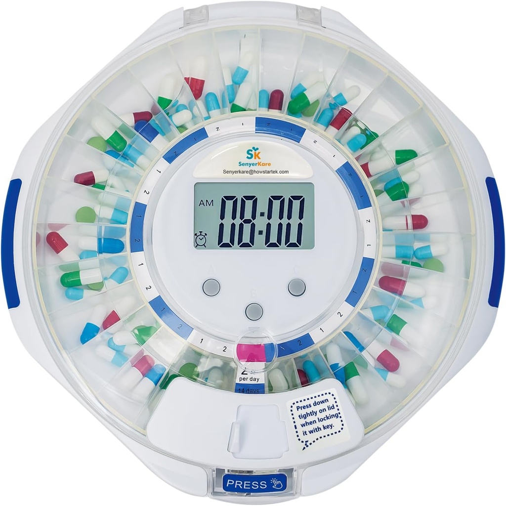SenyerKare 28-Day Automatic Pill Dispenser med Alarm & Alzheimers Care, Medication Organizer w/Easy-Read LCD Display, Sound & Light & Key Alerts för Medication, Vitaminer, Supplements, Clear Lid