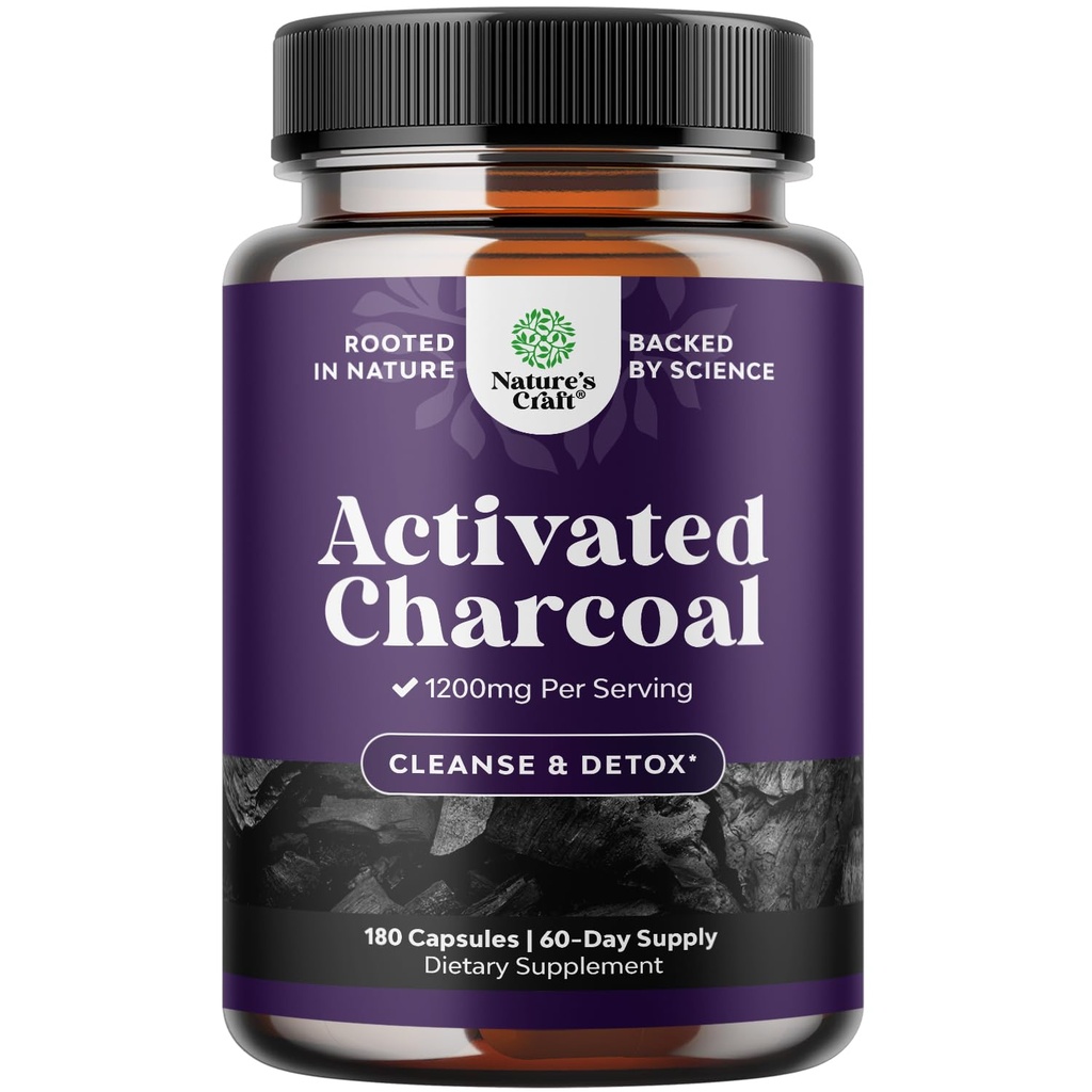 Natures Craft aktiverade kolpiller Detox & Cleanse - Rening av kokosnötkapslar med 1200 mg Per servering för uppblåst lindring - Active Detox Supplement for Body & Gut Health -180 Count