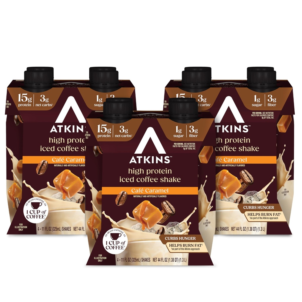 Atkins Café Caramel Iced Coffee smaksatt Protein Shake, High Protein Shake, Low Glycemic, Low Carb och Low Sugar, Keto Friendly, Gluten Free, 12 Count