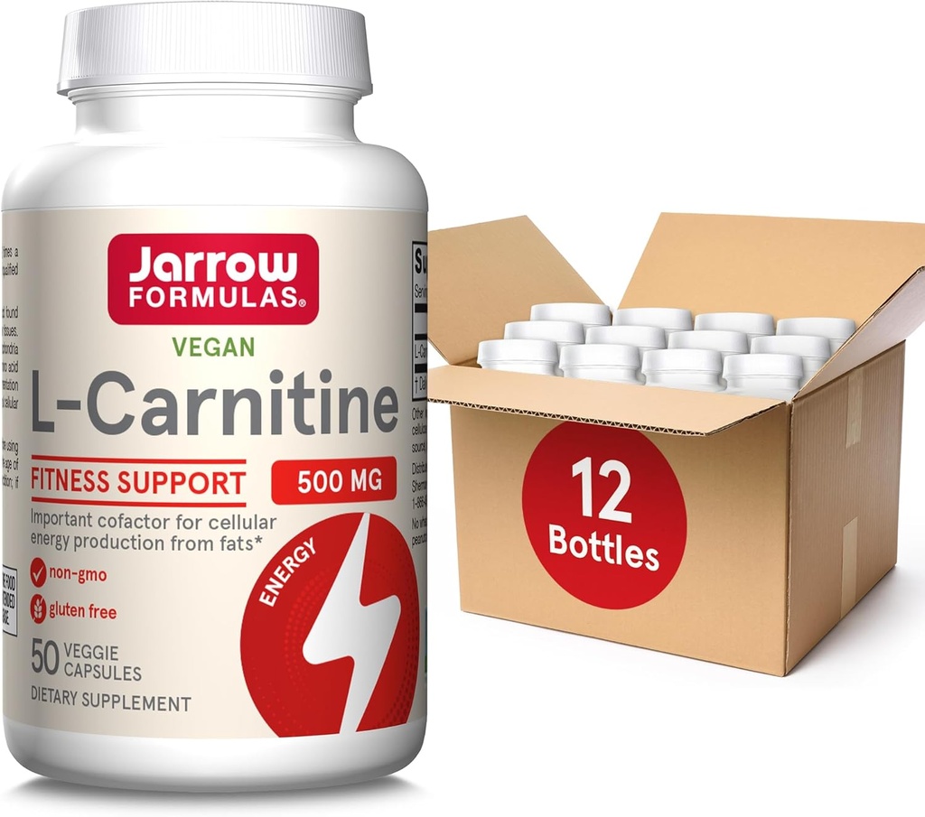 Jarrow Formulas L-Carnitine 500 mg, kosttillskott, stöd för cellulär energiproduktion, 50 Veggie Capsules, 50 Day Supply Daily (Pack of 12)