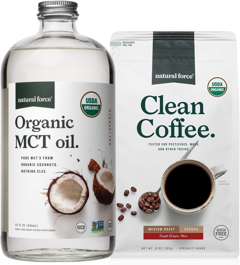 Natural Force Organic Ground Clean Coffee + Organic MCT Oil Bundle - 100% Pure Coconut MCTs & Mold & Mycotoxin Free Coffee - Non-GMO, Keto, Paleo och Vegan - 10 Oz Bag och 32 Oz Glas Bottle