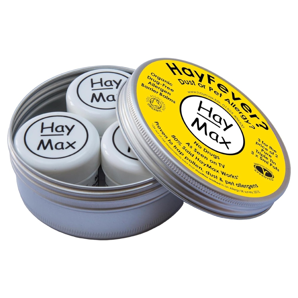 HayMax Allergen Barrier Balm Triple Tin Pure - Pack of 3 - Organisk, naturlig och icke-drowsy Hay Fever & Allergy Relief Balm - Fäller Pollen, Dust & Other Allergen Partiklar - Applicera Runt Nose & Eyes