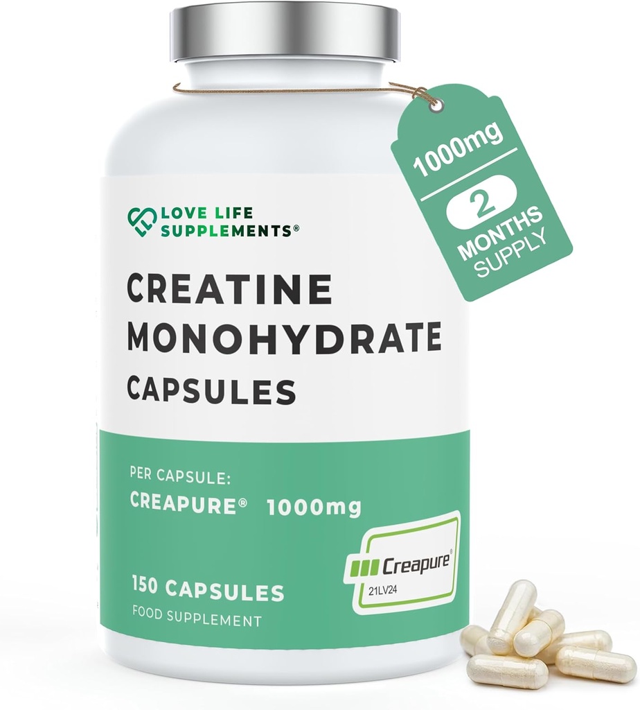Love Life Supplements Creapure® Creatine Monohydrate, 150 kapslar, 1 Gram per kapsel (inte pulver eller tabletter), 30-50 portioner, för muskelbyggnad, styrka och effektutgång, 3rd Party Testad