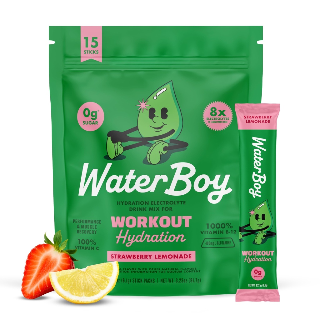 Waterboy Workout Hydration | 2 960mg Sugar Free Electrolyte Powder Packets | L-Glutamin + Vitaminer | No Sugar, All Natural, Gluten Free | 15 Drink Stick Mixes (Strawberry Lemonade)