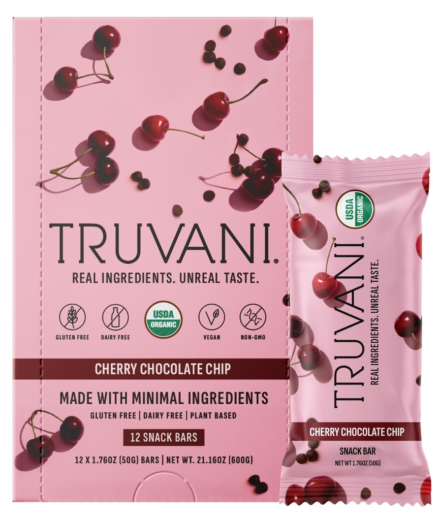 Truvani Plant Based Snack Bars | Cherry Chocolate Chip 12 Pack | 5g Protein | USDA Organic och Vegan | Den enda baren | Dairy, Soy och Gluten Free | Individuellt inslagna