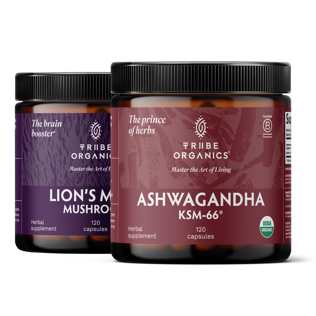 TRIBE ORGANICS NOOTROPIC Duo - KSM66 Ashwagandha + Organic Lion's Mane - Utöver fokus, Mind Awareness och Mind Health