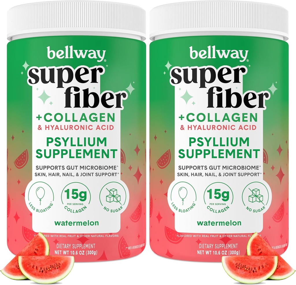 Bellway Super Fiber Powder + Collagen (2 Pack), Sugar-Free Psyllium Husk Pulver med Collagen Peptides och Hyaluronic Acid för Gut Health, Healthy Skin, Nails, Bones & Joints, Watermelon (21.2 oz)
