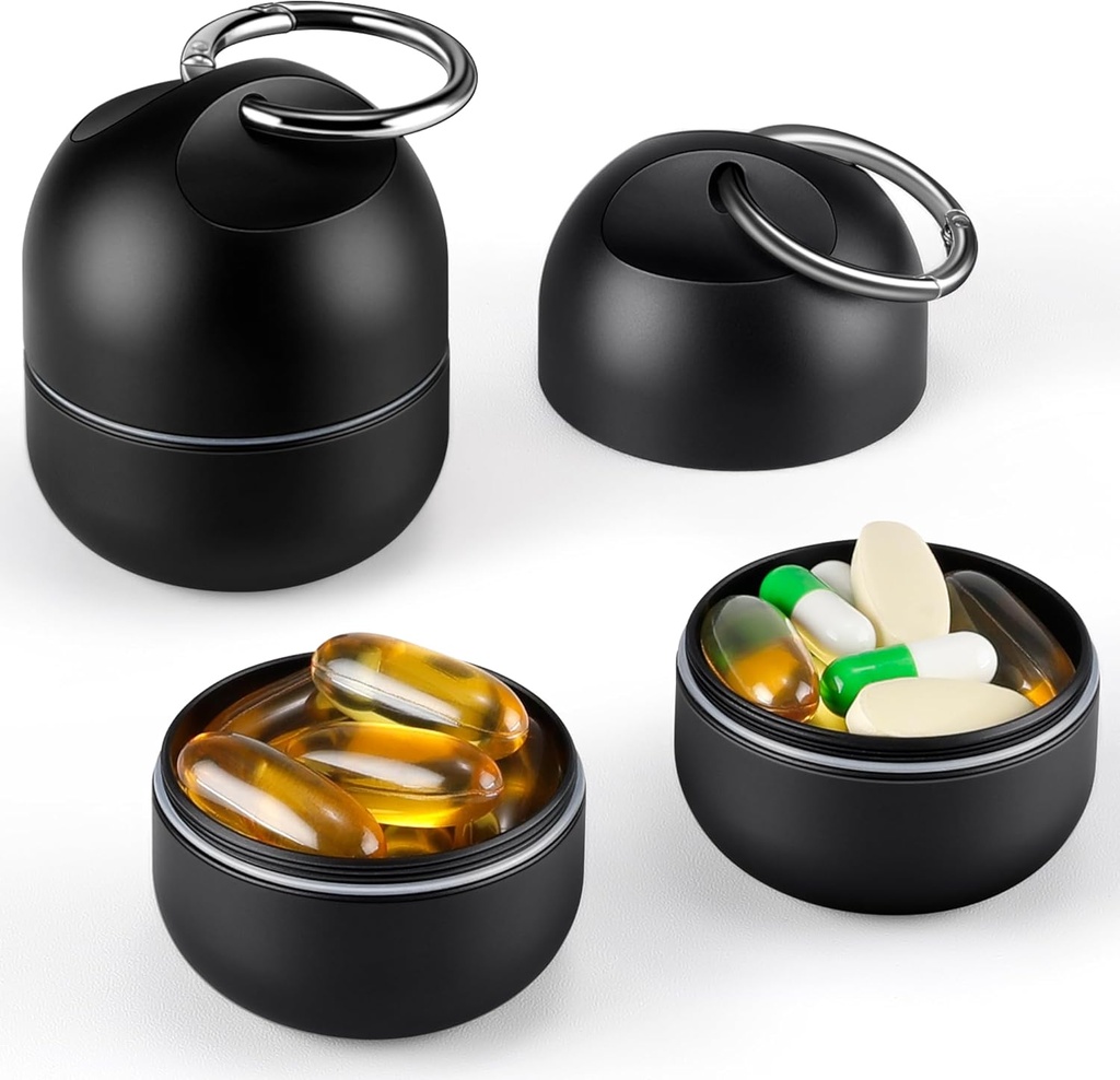 Zannaki Small Portable Single Pill Box Keychain - Metal Daily Travel Pill Organizer Case, Waterproof Pill Holder Bottle, Cute Medicine Vitamin Supplement Container Carrier för ficka eller väska, svart