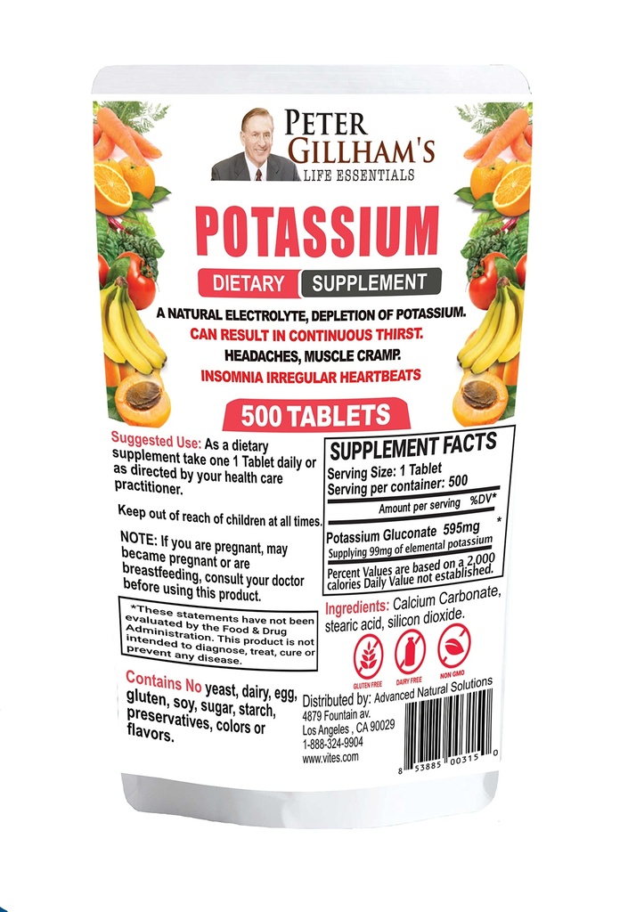 Peter Gillhams Life Essentials Potassium Gluconate tabletter 595mg, 500 tabletter, Support Electrolyte Balance, Made in USA (Package May Vary)