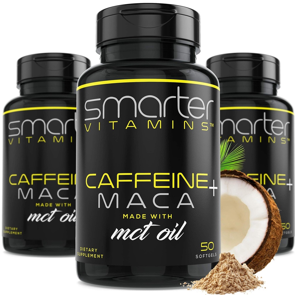 (3 Pack) Smartare energipiller, 200 mg koffein och kokos MCT Olja med Maca Root, 150 flytande Softgels