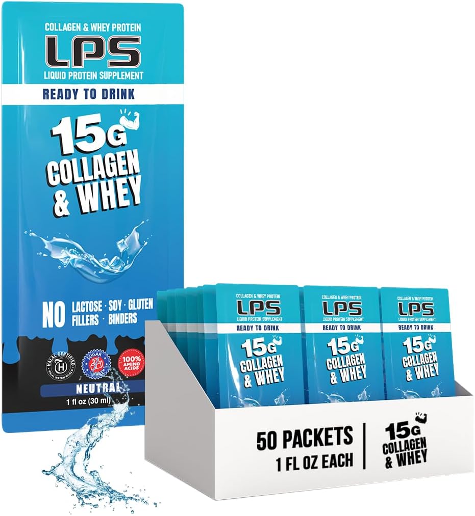 LPS Liquid Collagen & Whey Protein Supplement - Non-GMO Drink, Sugar-Free - Främjar hälsosam hud och hår för män och kvinnor, neutral, enda servering (50 paket)
