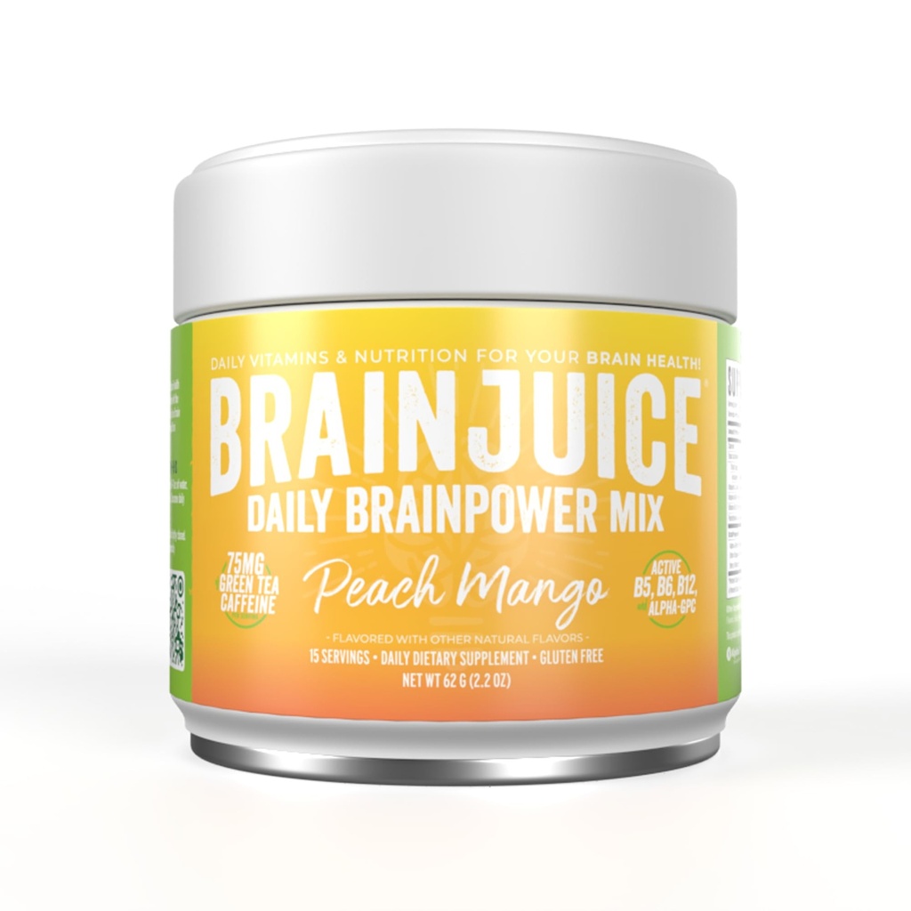 BrainJuice Nootropics Brain Support Supplement, Gluten Free Powder för energi och fokus, Drink Mix med L Theanine, Alpha GPC, Vitamin B, Organic Green Tea Extract Caffeine, Peach Mango, 15 portioner