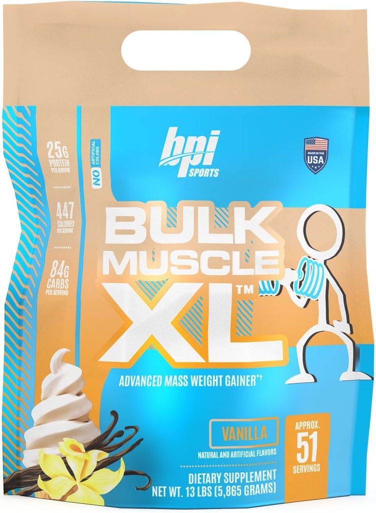 BPI Sport Bulk Muscle XL - Avancerad massvikt Gainer för allvarlig muskelbyggnad och återhämtning, 25g protein & 497 kalorier per servering - Choklad, 13lb väska (13lb, Vanilla)