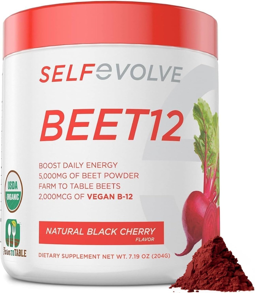 Beet Root Powder Organic 5000mg med vitamin B12 (Methylcobalamin) och spårmineraler i naturlig svart körsbär smak, 0g tillsatt socker - Vegan Dietary Supplement (30 portioner)