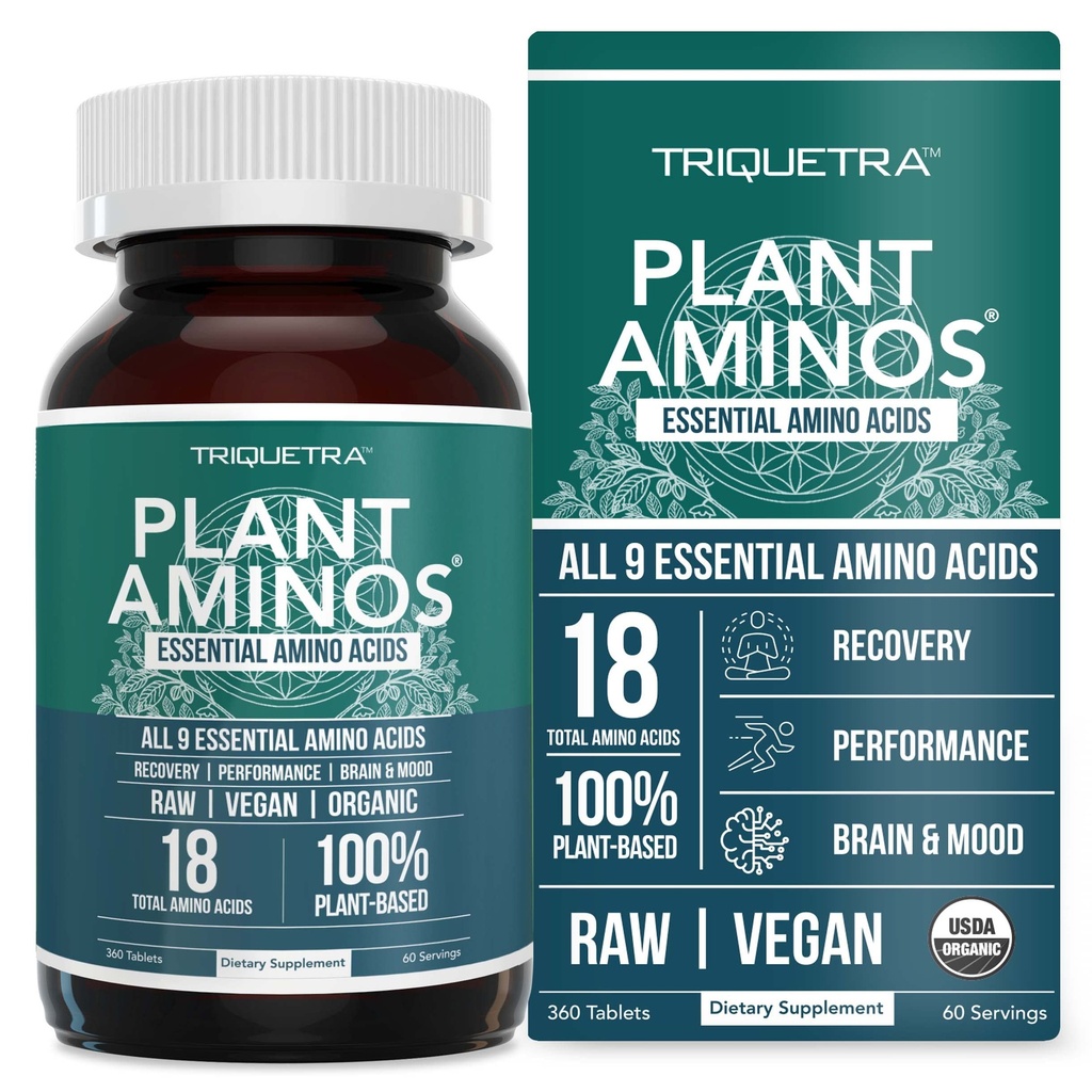 Plant Aminos Organic Essential Amino Acid Supplement (EAA) & BCAA - 100% Plant-Based Raw, Vegan - Alla 9 väsentliga aminosyror med 18 Totala aminosyror (360 tabletter)