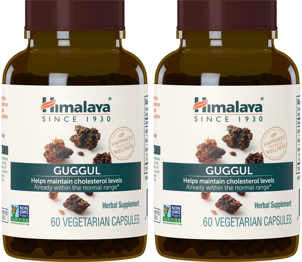 Himalaya Guggul, kolesteroltillskott för hälsosam LDL, HDL och triglyceridnivåer, 750 mg, 60 vegetariska kapslar, 1 månads leverans, 2 Pack