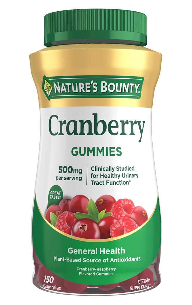 Naturens Bounty Cranberry Gummies, Urinary Tract Support, 500 mg, Cran-Raspberry Flavor, 150 Ct