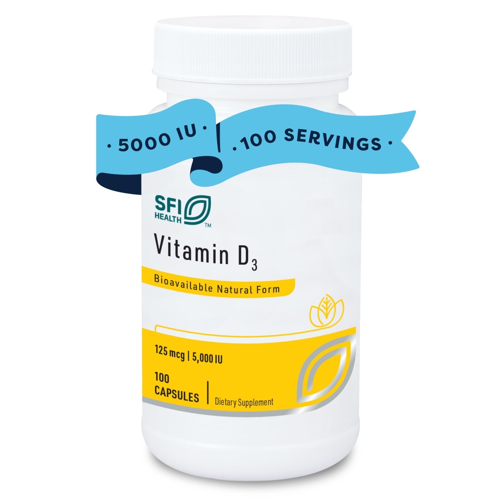 Klaire Labs SFI Health Vitamin D3 5000 IU - High Potency Vitamin D 125mcg - Immune Support - Helps Promote Bone & Heart Health - Hypoallergenic (100 Capsules)