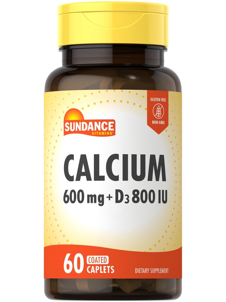 Sundance Calcium 600mg med D3 | 60 Caplets | Vegetarisk, icke-GMO och Gluten fri tillägg
