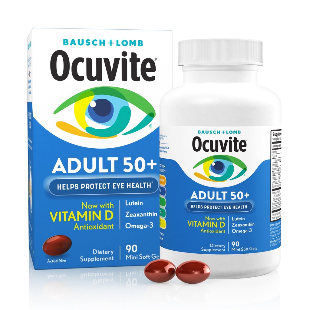 Ocuvite 50+ Eye Vitamin & Mineral Supplement, Multivitamin för Vision & Ocular Health med Omega-3, Zink, Vitaminer C & E, Lutein & Zeaxanthin, Zink Supplements för kvinnor och män, 90 Softgels