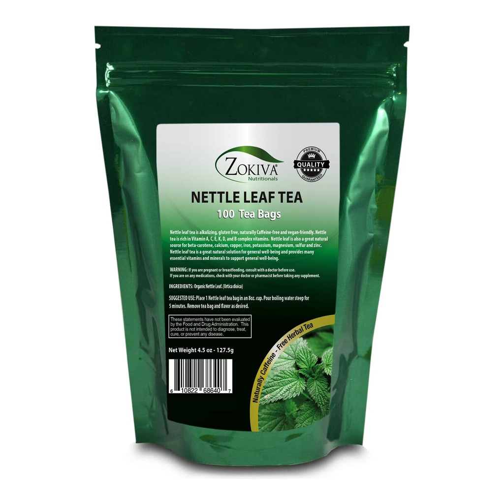 Zokiva Nutritionals - Nettle Leaf Tea Bags Mega Pack - 100 Premium Quality Convenient Organic Herbal Tea Bags - Koffeinfri och Veganvänlig I en Återförsäljbar Stand Up Zip Lock Pouch