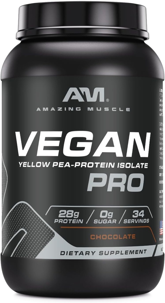 Amazing Muscle Vegan Protein Powder | 28 Grams Protein | 34 portioner | Zero Sugar | Gula Pea Protein Isolat Supplement | Tillverkad i USA (3 Lb, Choklad)