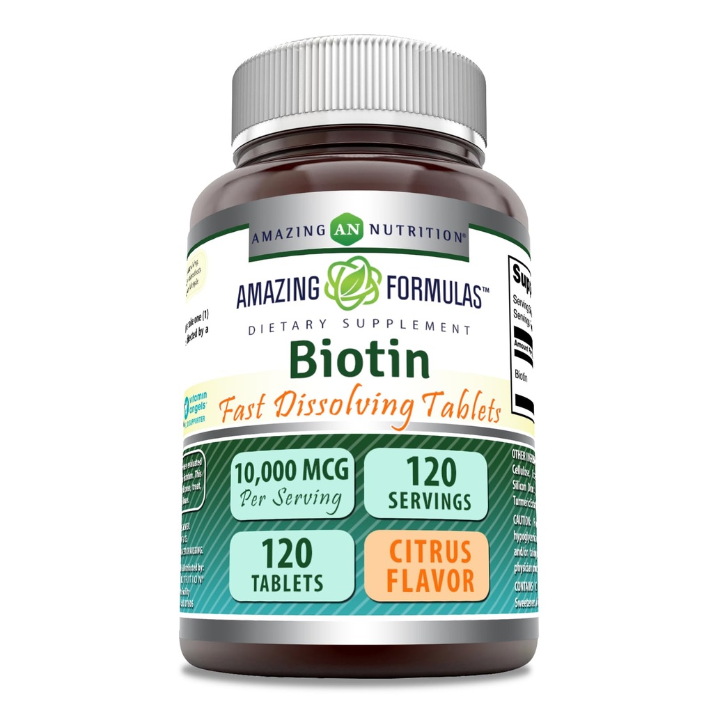 Fantastiska formler Biotin 10 000 mcg | Snabbupplösta tabletter | Icke-GMO | Glutenfri tillägg | Tillverkad i USA (Citrus | 120 tabletter)