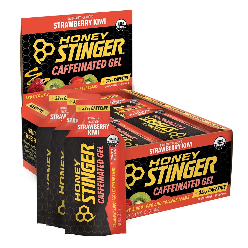 Honung Stinger Strawberry Kiwi Energy Gel, koffeinerad och glutenfri med organisk honung, för träning, körning och prestanda, sportnäring för hem & gym, Pre och Mid Workout, 24 Pack