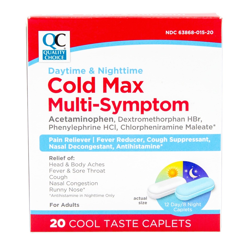 Quality Choice Day & Night Cold Max Multi-Symptom, Cold & Flu Medicine, Pain Reliever, Fever Reducer, Cough Suppressant, Nasal Decongestant, 24 Hour Relief Cool Taste Caplets