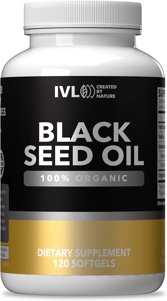 IVL - Organic Black Seed Oil - 120 Softgel Capsules - (1000mg per Serving) - Pure Cold Pressed Nigella Sativa Seed Oil - Omega 3 6 9, Antioxidants, Thymoquinone - Black Seed Oil Liquid Capsules