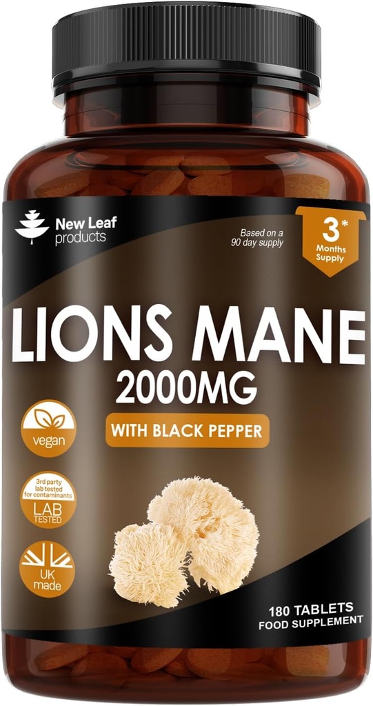 Nya Leaf Products Lions Mane Mushroom Extract Supplement 2000mg - 180 High Strength Vegan tabletter med Black Pepper - (Inte pulver eller kapslar) Tillverkad i Storbritannien