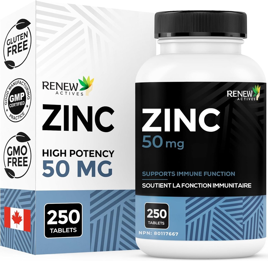 Förnya aktiva zink kosttillskott 50MG per portion - Essential för immunhälsa, starka ben och främja hälsosamt hår, naglar och glödande hud för daglig användning - Tillverkad i Kanada - 250 tabletter