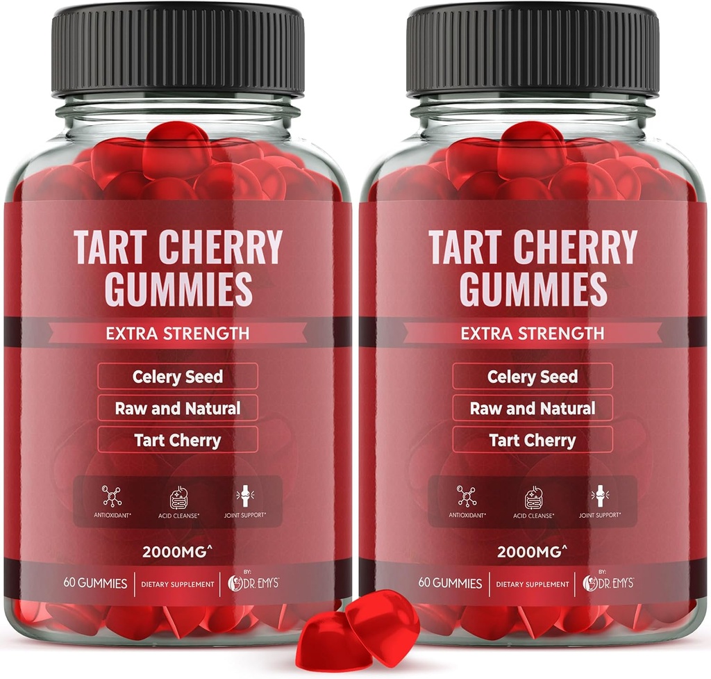 Dr. Emy's Tart Cherry Extract 2 000mg * Gummy Supplement + Celery Seed Extract 400mg*, Raw & Natural - Non-GMO - Gluten och Gelatin Free Vegan, Joint Comfort Uric Acid Cleanse