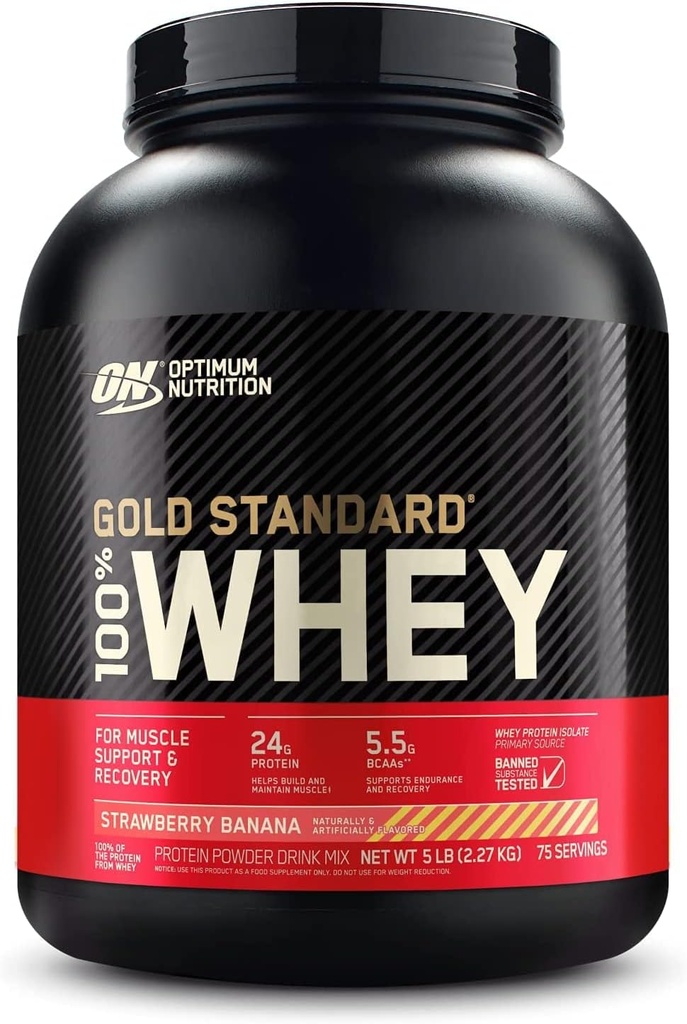 Optimum Nutrition Gold Standard 100% Whey Protein Powder, Strawberry Banana, 5 pund (Packaging May Vary)