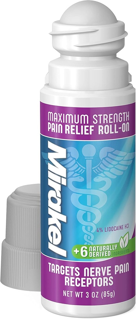 MIRAKEL Nerve Pain Relief Roll-on, Maximal Strength Lidocaine för att lindra smärta i tår, fötter, fingrar, händer, ben och armar, 3 oz