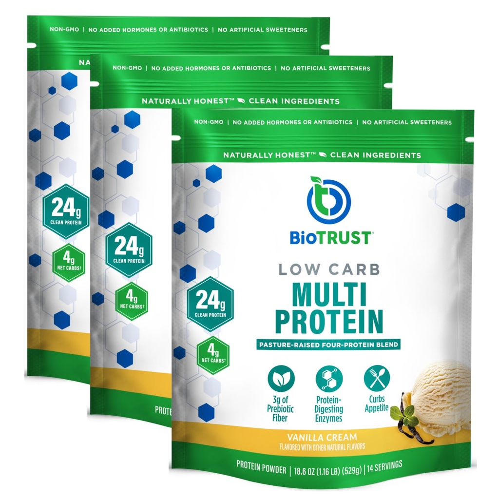 BioTrust Low Carb Protein Powder - Naturlig och utsökt Whey & Casein Blend från Grass-Fed Hormone Free Cows - Non GMO, Soy Free, Gluten Free, Hormone Free (Vanilla, 3-Pack)