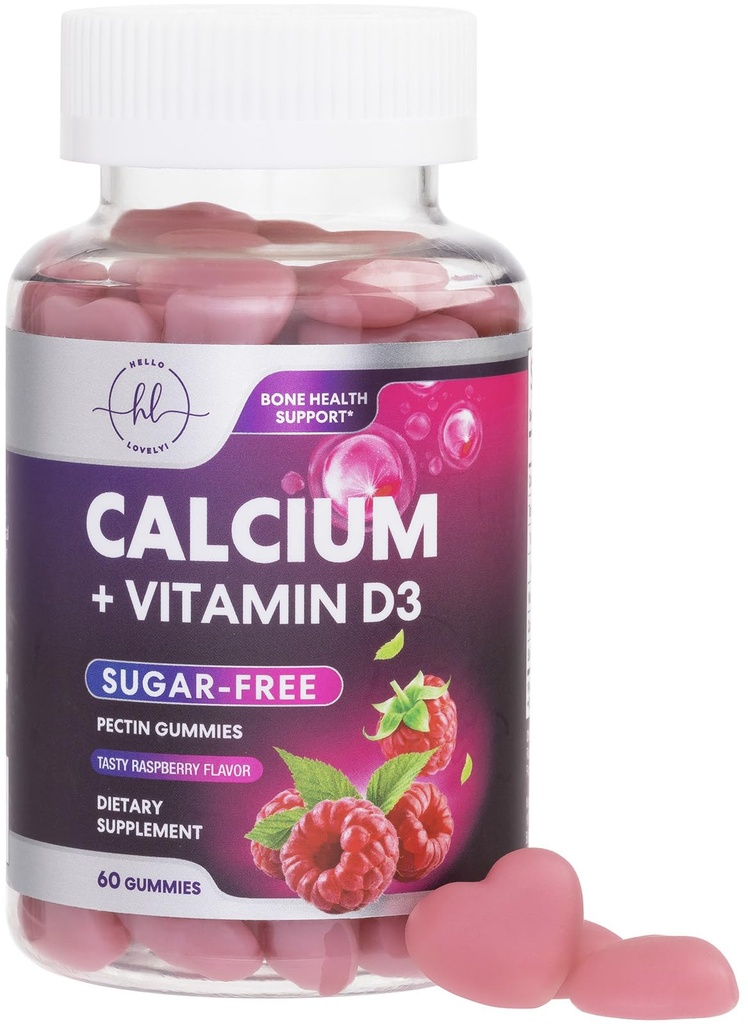 Kalciumtillskott för kvinnor - Sugar Free Calcium Gummies med vitamin D3 för benstyrka, tänder och immunhälsa, naturliga  Chews för kvinnor och män - Raspberry Flavored & Non-GMO - 60 Gummies