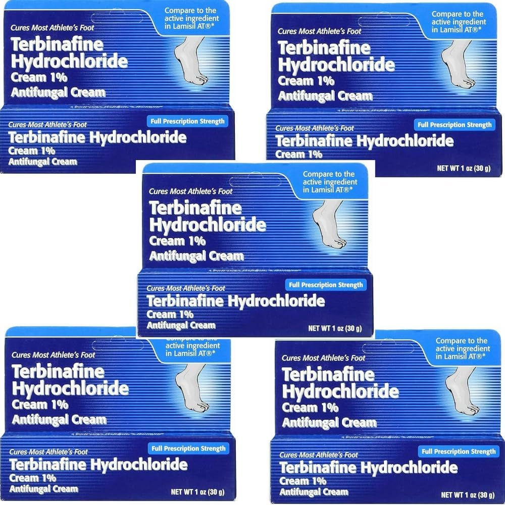 Terbinafinhydroklorid 1% för 1 vecka idrottares Foot Treatment AntiFungal Cream Fast Symptom Relief & Prevents Recurrence 1 uns. (30 g) 5 Pack