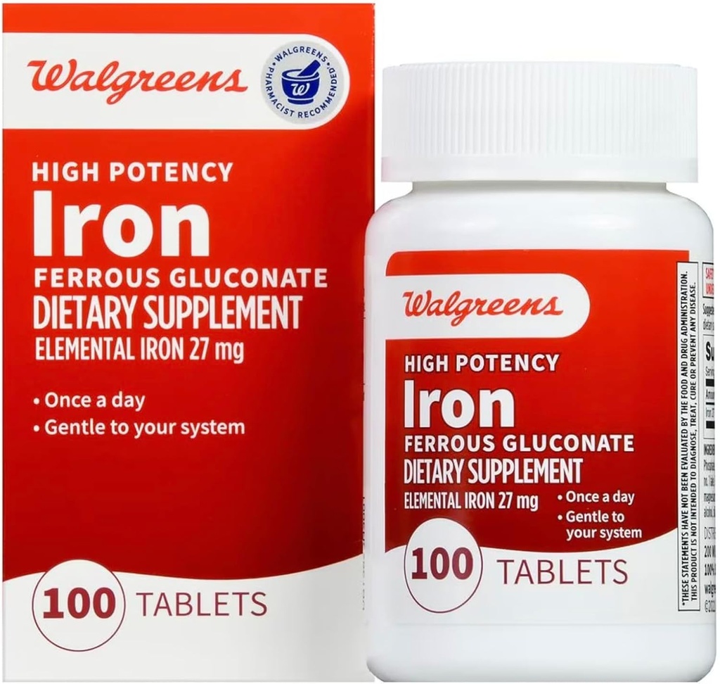 Walgreens High Potency Iron Ferrous Gluconate 27mg, tabletter, 100 ea