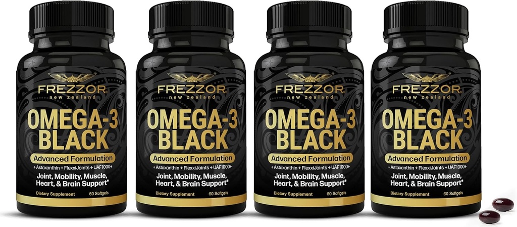 FREZZOR Omega 3 Black - Högsta Strength Green Lipped Mussel Oil Capsules, Made in New Zealand, UAF1000+, Inflammation, Joint Care & Relief, Heart & Immune Support, 60 Count (Pack of 4)