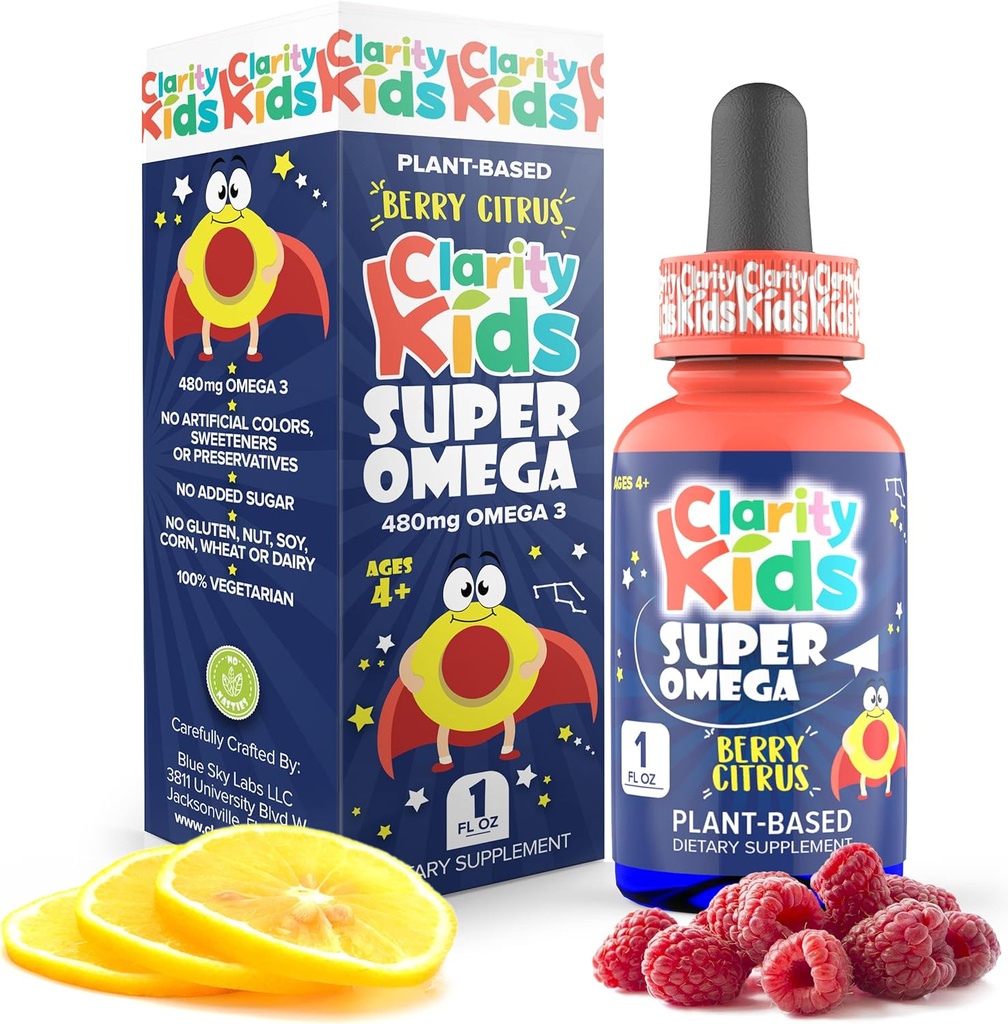 Clarity Kids Super Omega med DHA + EPA Omega 3 för bättre fokus och kvalitet Sleep Algae Oil Omega 3 Liquid (1 ml per portion) Alla naturliga DHA droppar för barn USA Tillskott (1 mz)