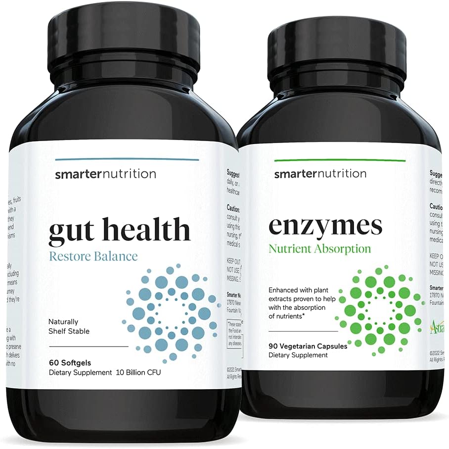 Smartare Gut Health Probiotics - Superior Digestive & Immune Support + Smarter Nutrition Enzymes - Dagliga Digestivehjälpmedel med 16 olika naturliga enzymer