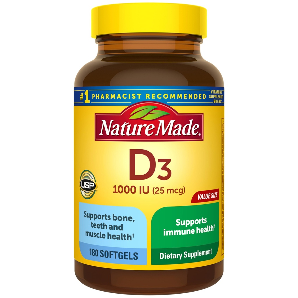 Nature Made Vitamin D3 1000 IE (25 mcg), Vitamin D Supplement för ben, tänder, muskel- och immunhälsostöd, 180 Softgels, 180 Day Supply