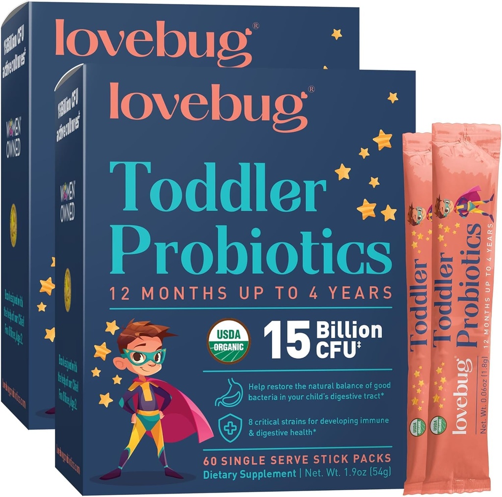 LOVEBUG Kids Probiotic Powder med Prebiotic Fiber - Toddler Immunity Support & Constipation Relief - USDA Organic Probiotics for Childrens Gut & Digestive Health (åldrar 1-4) - 60 Pack (Unflavoured)