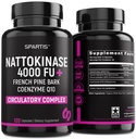 Nattokinase Supplement 4000 FU CoQ10 100mg French Maritime Pine Bark Extract 200mg med enzymer för cirkulations- och kardiovaskulärt stöd (Pack av 1 på 120-Caps)