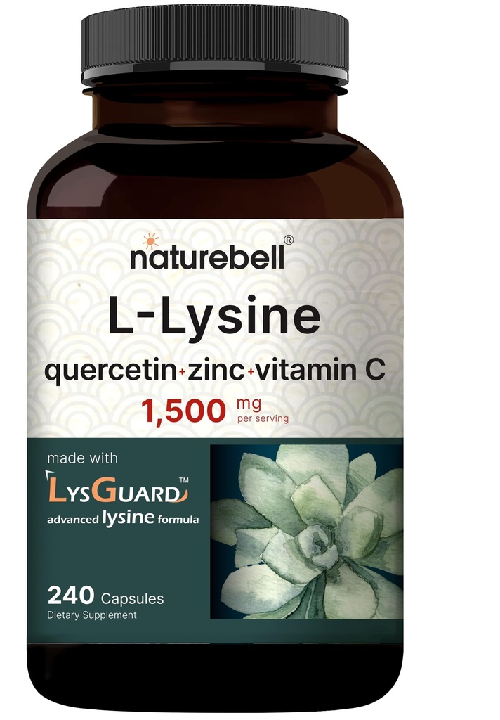 NatureBell L-Lysine 1000mg kapslar + Quercetin 250mg med vitamin C och Zink, 240 greve | Gratis formulär Aminosyror, L Lysine Komplex | Immunstöd, Lip & Skin Health Supplement